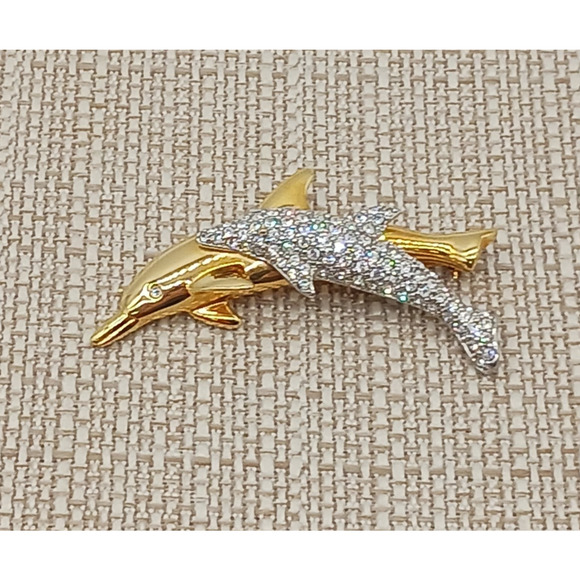 Swarovski Jewelry - Vintage Swarovski Gold Tone Rhinestone Dolphin Brooch Figural Mother & Baby